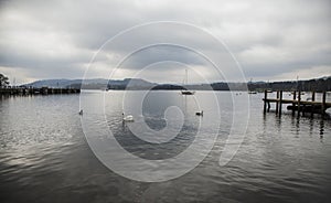 Windermere lake, Cumbria - cluody day, silver waters.