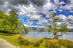 Windermere Lake District England uk with trees and blue sky in hdr