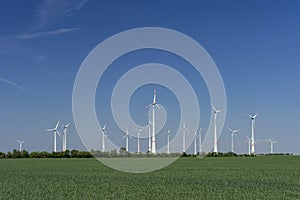 Windfarm with blue sky green energy