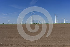 Windfarm with blue sky green energy