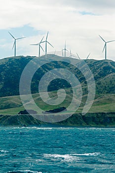 Windfarm wind turbines in mountain terrain