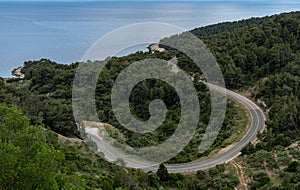 A winding asphalt road running through the forest right next to the sea, seen from above