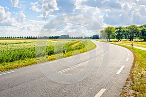 Winding asphalt road through a rural area in the summer season