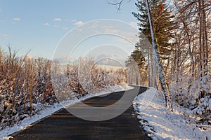 Winding asphalt road surrounded with snow covered forest with blue sky