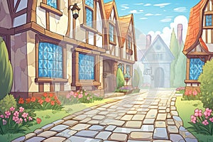 winding cobbled path leading to a diamond-pane windowed tudor house, magazine style illustration