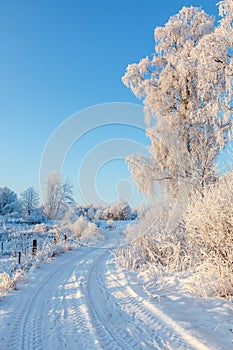 Winding country road in a snowy winter landscape