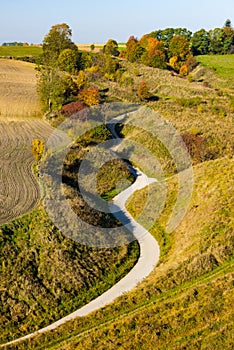 Winding Countryside Road in Rural Poland. Fall Season Colors on Foliage