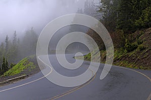 Winding curve road in a foggy forest