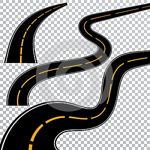 Winding curved road or highway with markings. Direction, transportation set. Vector illustration