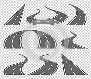 Winding curved road or highway with markings. Direction, transportation set. Vector illustration