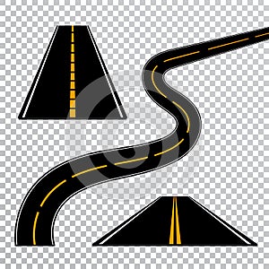 Winding curved road or highway with markings. Direction, transportation set. Vector illustration