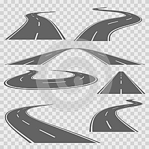 Winding curved road or highway with markings. Vector set