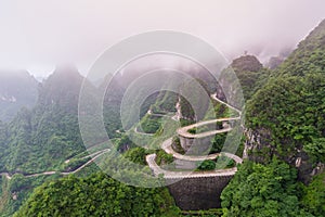 winding and curves road in Tianmen mountain national park, Hunan province, China