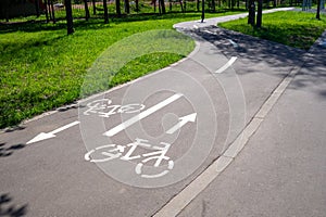 Winding cycleway with pictograms and directional guidance in summer park photo
