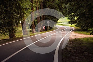 Winding dangerous forest asphalt road with markings