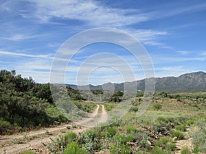 Winding dirt backroads to mountains photo