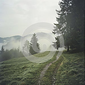 Winding dirt path leads dense forest shrouded misty fog amidst serene landscape grassy fields contrasting tree foliage. photo