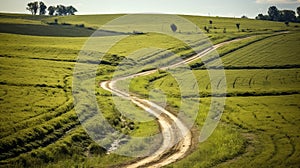 Winding dirt path through a scenic farm landscape