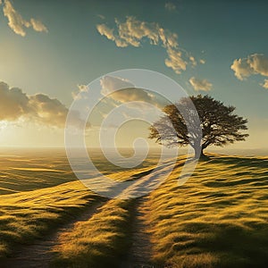 Winding Dirt Road Leading to Solitary Tree on Hilltop