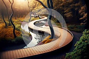 winding empty duckboards path in forest among trees