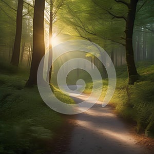 A winding forest path dappled with sunlight, leading deeper into the woods1