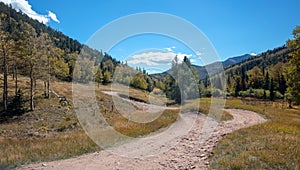 Winding four wheel drive road [Medano Pass primitive road] through the Sangre De Cristo range of the Rocky Mountains in Colorado