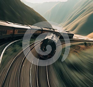 Winding Journey: Train Navigating a Mountain Pass photo