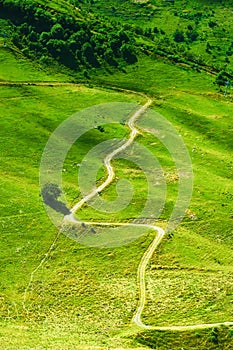 A winding mountain path surrounded by green grass