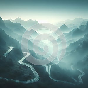 Winding mountain road in the fog, 3d render, square image
