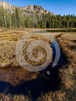 Winding mountain stream leads to a mountain lake