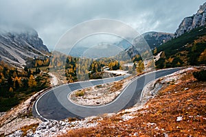 Winding mountains road leading to Three peaks of Lavaredo