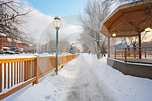 winding park walkway with fresh snowfall