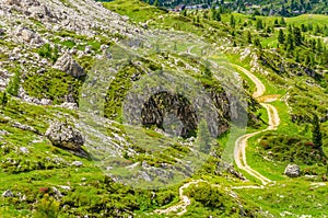 Winding path of Dolomites Mountains, Italy