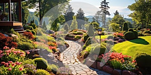 Winding path at home garden, luxury design of landscaped house yard or backyard in summer. Scenery of flowers, rocks and green