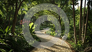 A winding path leads through a dense forest its quiet and serene ambiance enhancing the calming effects of a leisurely