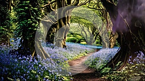 A winding path meandering through a lush forest, adorned with striking blue flowers, An enchanting woodland with a carpet of