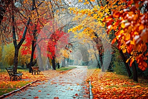 A winding path in a park covered in a carpet of colorful fallen leaves, creating a vibrant autumn scene, Quiet park alley, laden