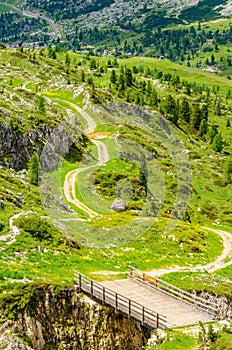 Winding path of Passo Falzarego, Dolomites , Italy