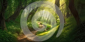 Winding path in summer forest. Generative AI illustration