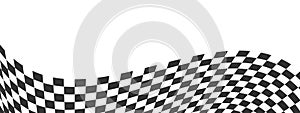 Winding race flag or chessboard texture. Black and white chequered pattern warped in perspective. Motocross, rally