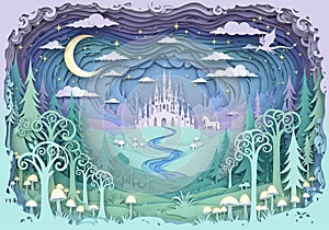 A winding river flows through rolling hills surrounded by stylized trees and