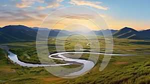 The winding river on the grassland at sunset