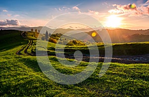 Winding road along the grassy rural hill at sunset