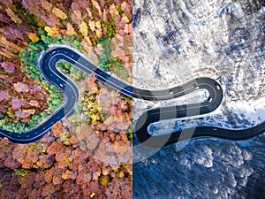 Winding road autumn vs. winter. Aerial view