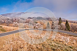 Winding road in Bieszczady mountain.