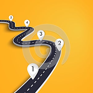 Winding Road on a Colorful Background. Road way location infographic template with pin pointer. EPS 10