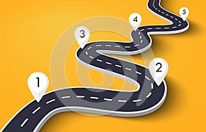 Winding Road on a Colorful Background. Road way location infographic template with pin pointer. EPS 10