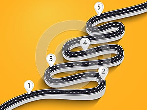 Winding Road on a Colorful Background. Road way location infographic template with pin pointer. EPS 10