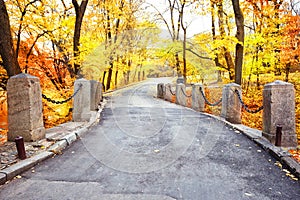 Winding road with columns in the park