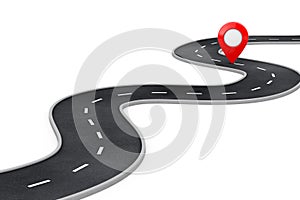 Winding Road with Destination Red Pin Target Pointer in the End of Road. 3d Rendering